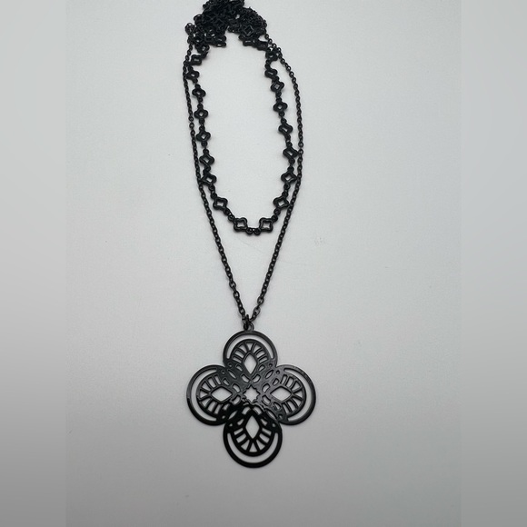 All Black Elegant Fleur de Lis Necklace - Classic Flower Layered Necklace - Picture 4 of 10